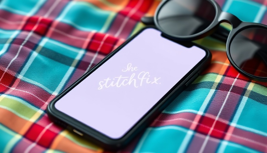 Stitch Fix comeback logo on smartphone with plaid fabric and sunglasses.