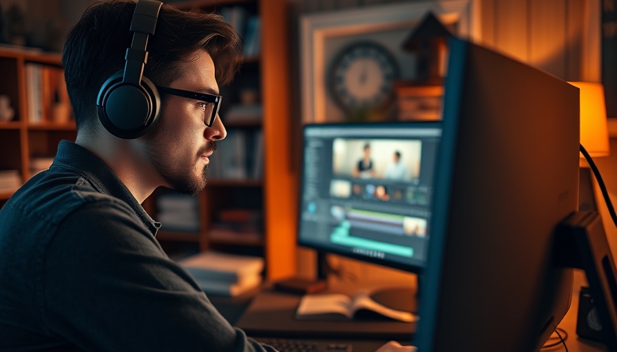 Young man editing videos at home desk, cozy environment.