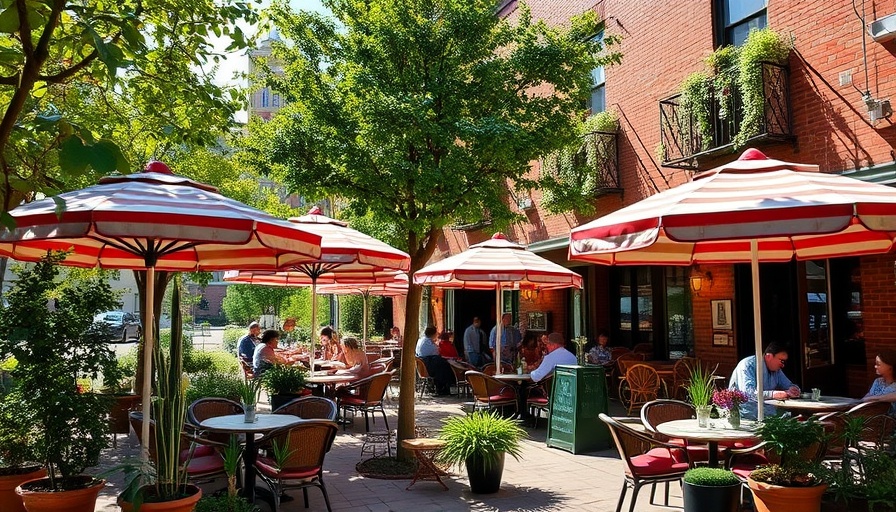 Italian Hand-Rolled Pasta restaurant patio in Boston with umbrellas.