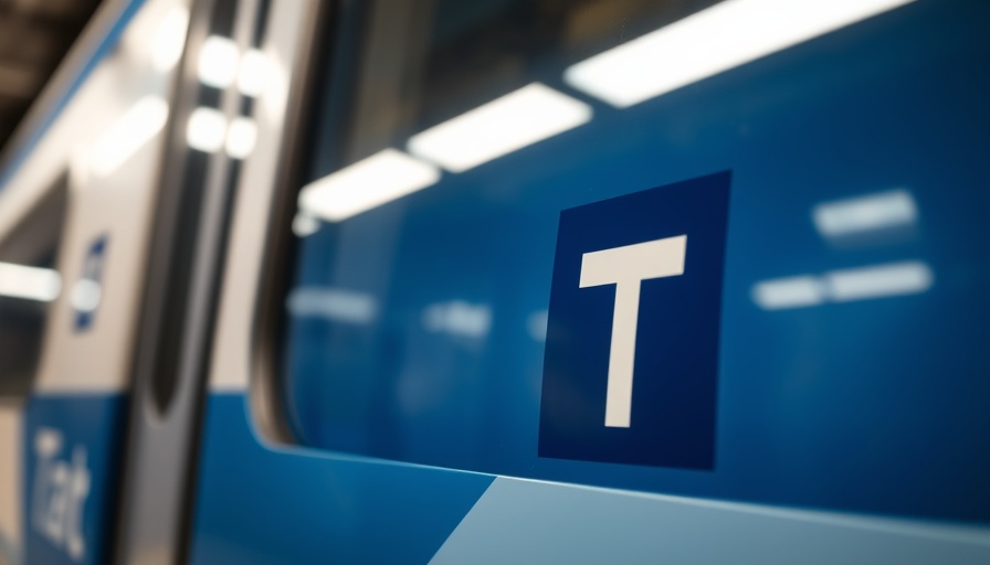 Close-up of Boston transit train with 'T' logo for Blue Line Airport Closure Boston.