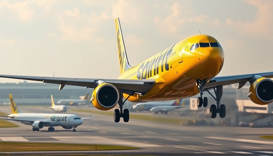 Spirit Airlines cash survival warning scene with yellow plane on runway.