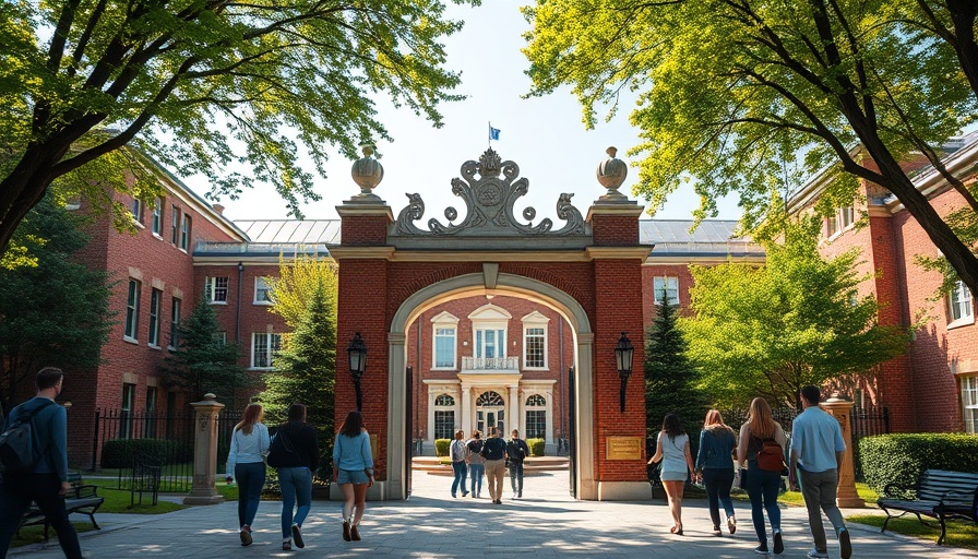 Group of students entering Harvard University campus through an ornate gate under bright daylight.