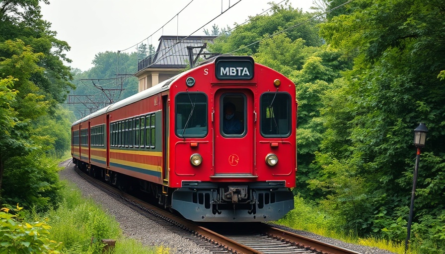 Red MBTA train on tracks in green setting.