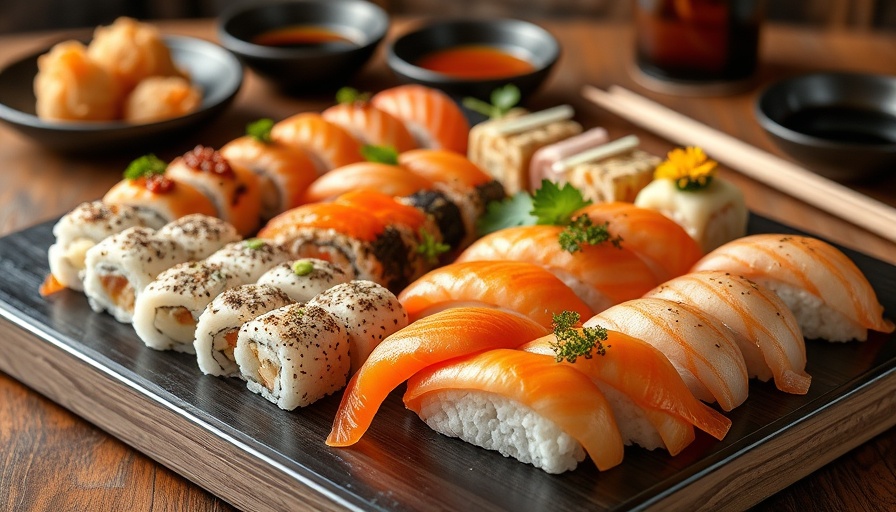 Appetizing sushi and dim sum spread on wooden table.