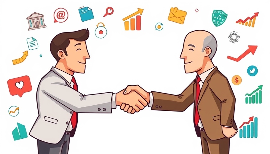 Cartoon businessmen shaking hands with growth icons for ROI of Investing in Employee Growth.