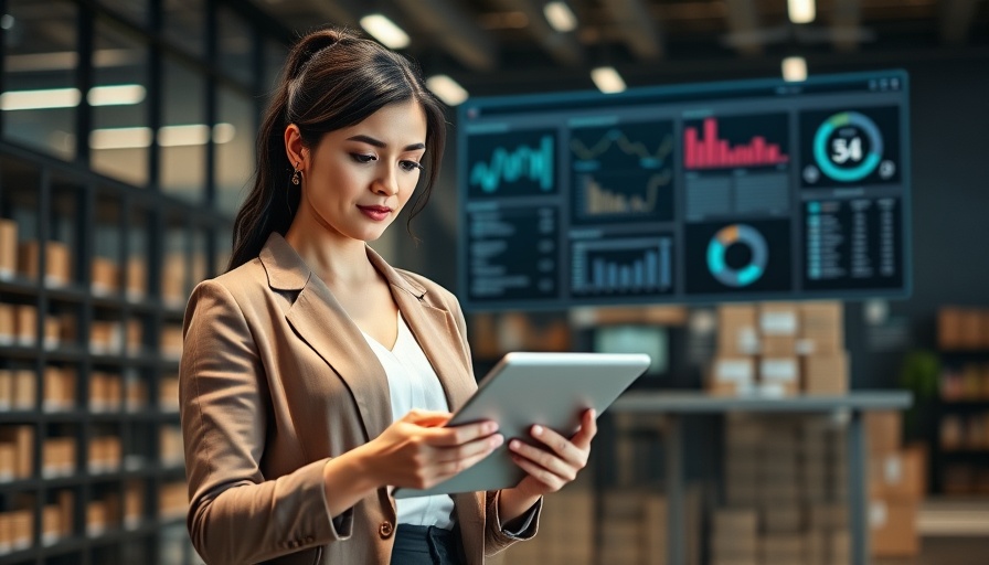 Confident woman using tablet for POS seasonal sporting goods inventory management in modern office.