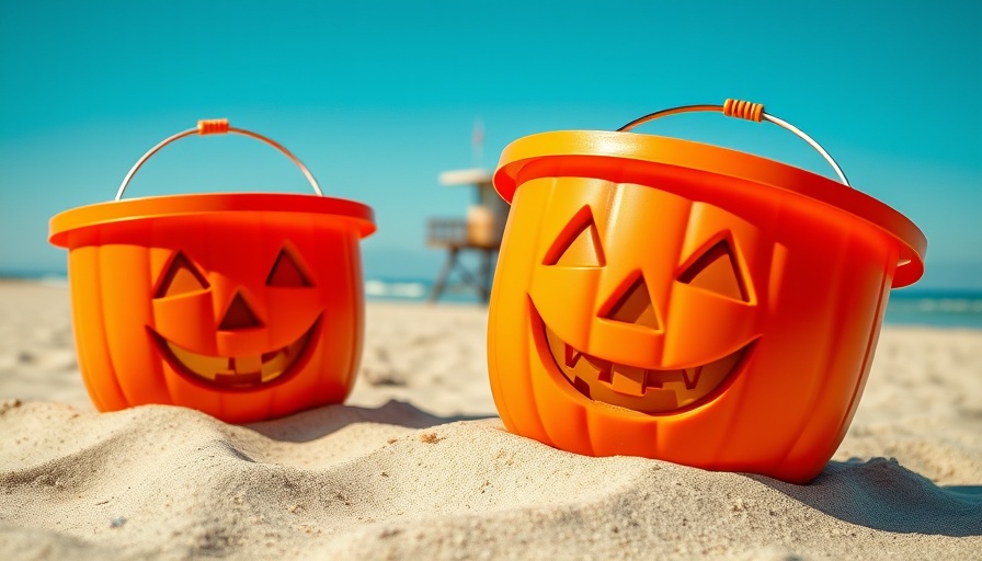 Summerween-themed pumpkin buckets at the beach for holiday retail marketing.