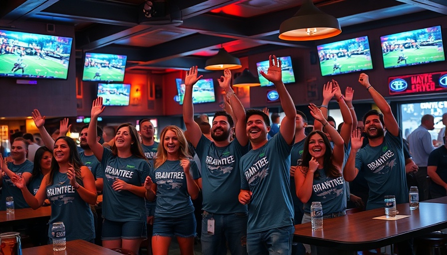 Fans in Braintree shirts cheering in a sports bar.