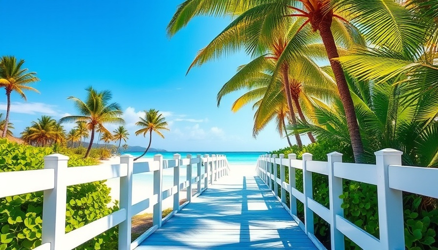 Tropical beach boardwalk beneath palm trees in a vacation setting.