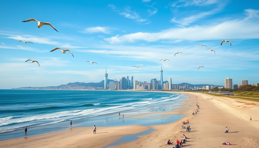 Massachusetts beaches with city skyline in the background, sunny day.