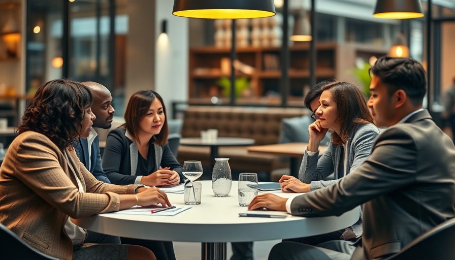 Professionals discussing small business hiring strategies at a cafe table.