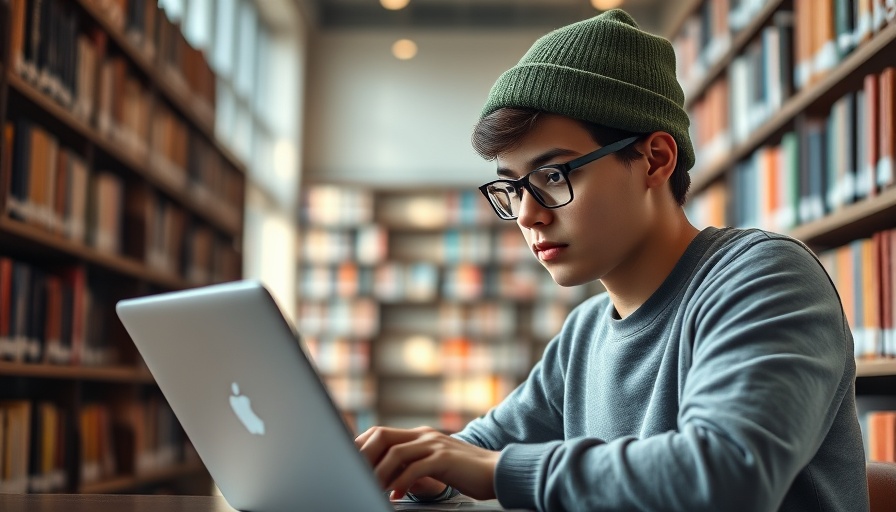 Young student in library, focused on laptop, effective company training program.