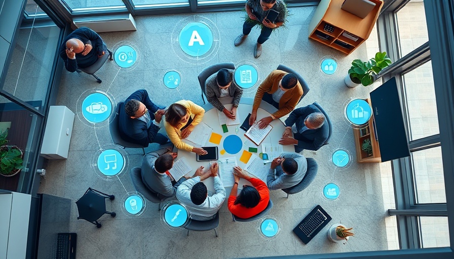 Collaborative meeting on AI in business development with digital graphics overlay.