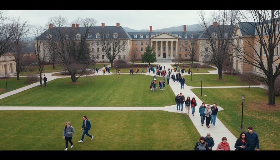 University campus under a cloudy sky with students walking