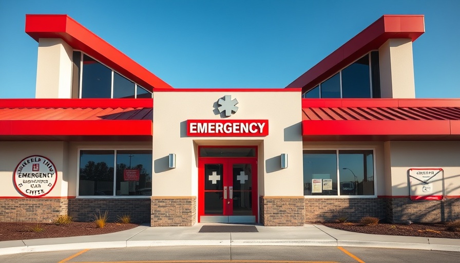 Modern rural emergency room entrance, clear blue sky.