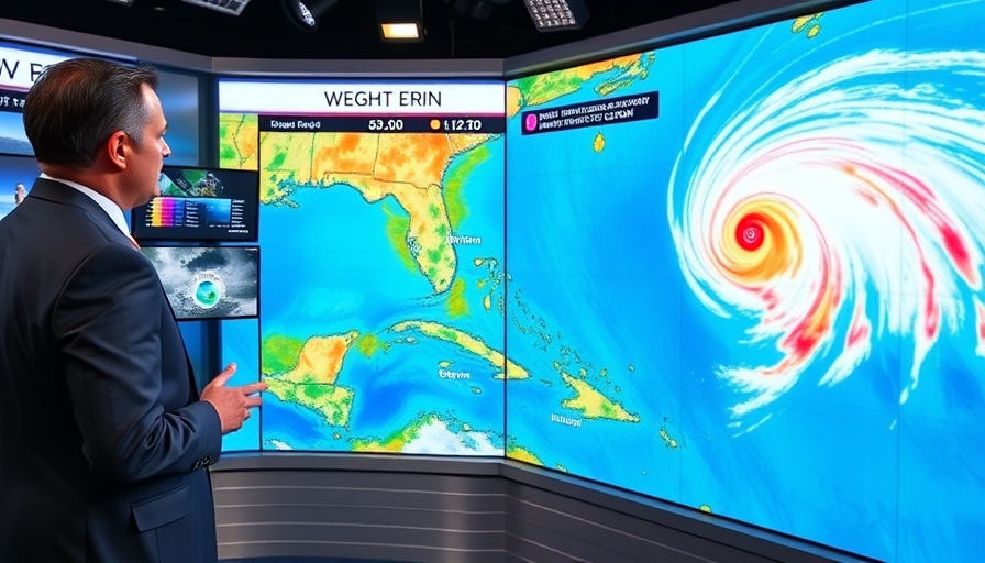 Meteorologist discussing Hurricane Erin's impact on Boston with wave height map.