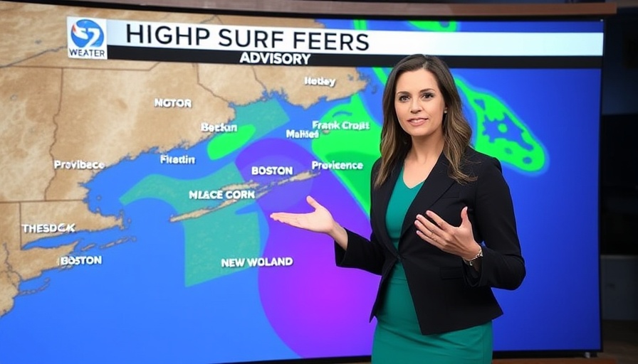 Weather presenter discussing Hurricane Erin's impact on Boston's surf conditions.