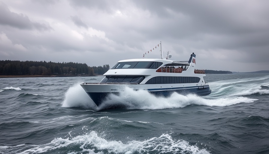 Ferry navigating stormy waters amidst Hurricane Erin disruptions.