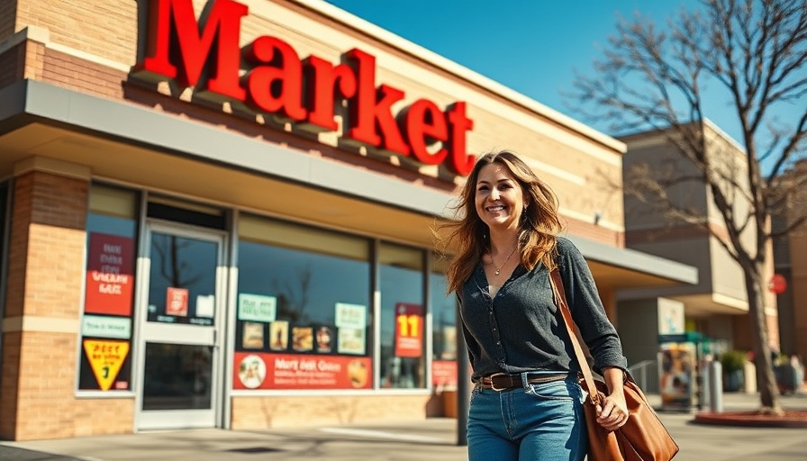 Shopper outside Market Basket on sunny day.