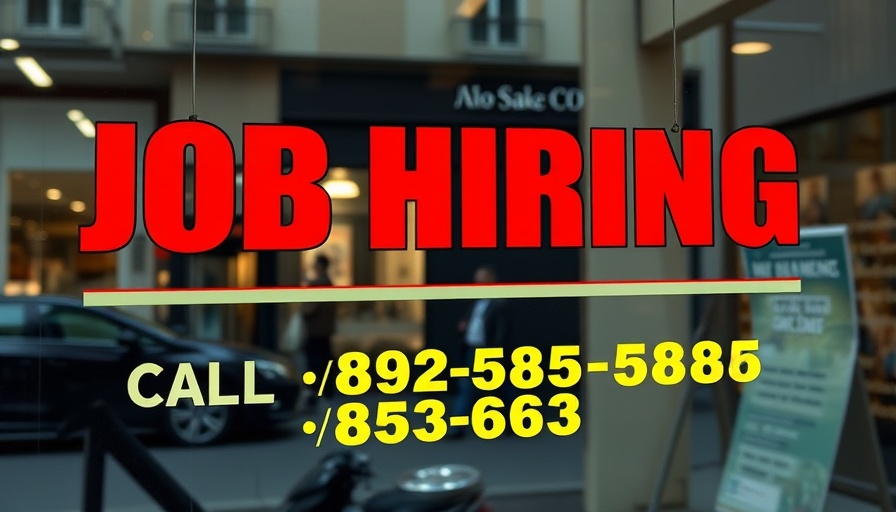 Now hiring sign on storefront, jobless benefits applications rise context.