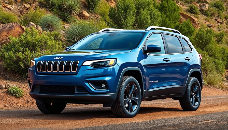 Blue 2026 Jeep Cherokee hybrid SUV off-road in nature setting.