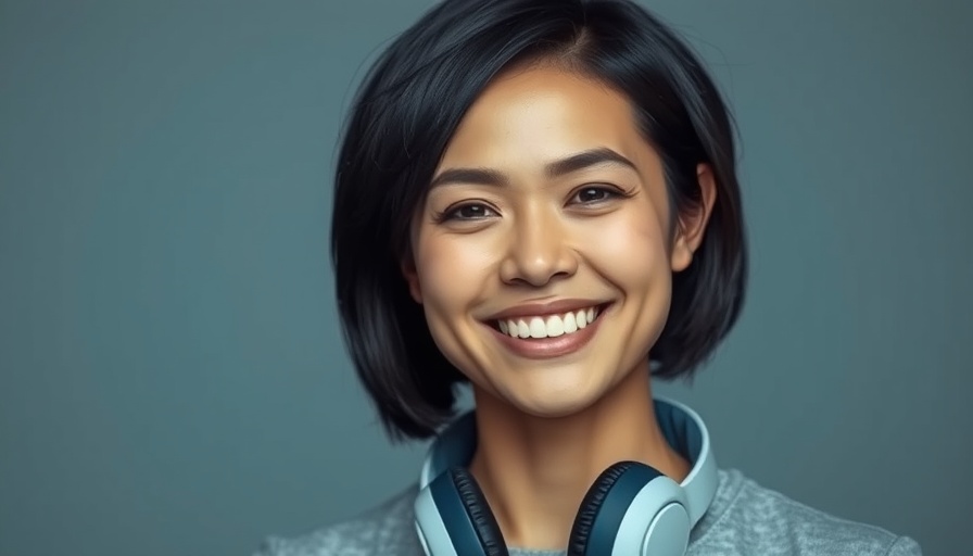Smiling woman with short black hair in casual wear, posing in studio.