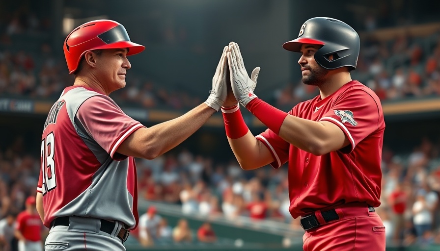 Two baseball players in red and gray uniform high-fiving in a stadium.