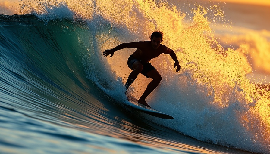 Surfer riding waves during Hurricane Erin at sunset