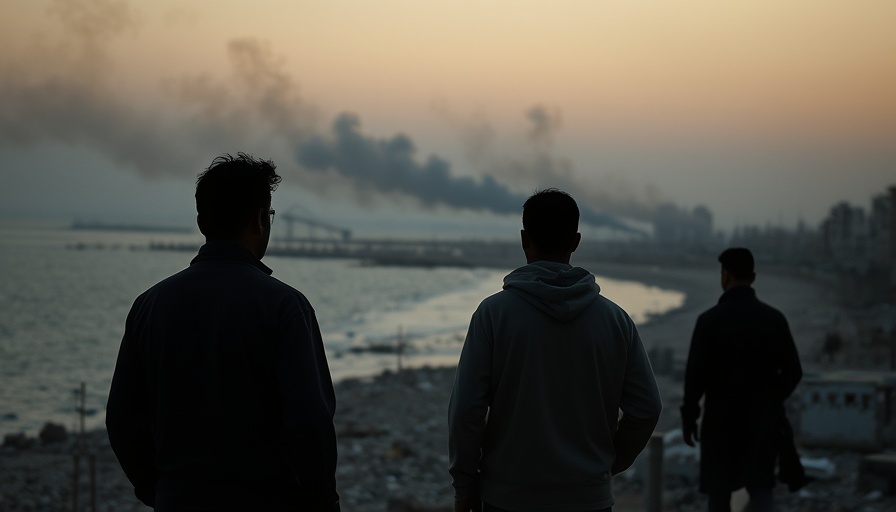 Gaza City destruction conflict, silhouettes watch amid smoke and dusk.