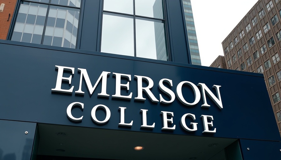 Emerson College sign with urban background, overcast lighting.