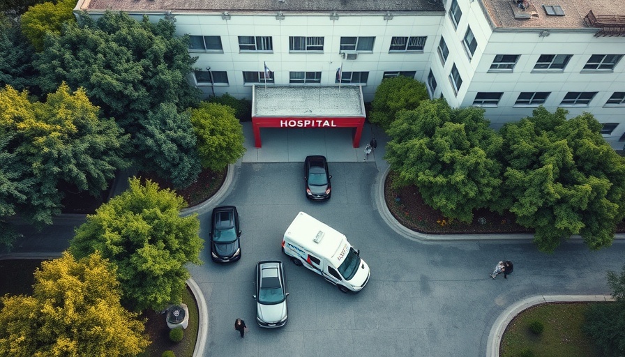 View of Weymouth Hospital driveway with cars, ambulances, and people.