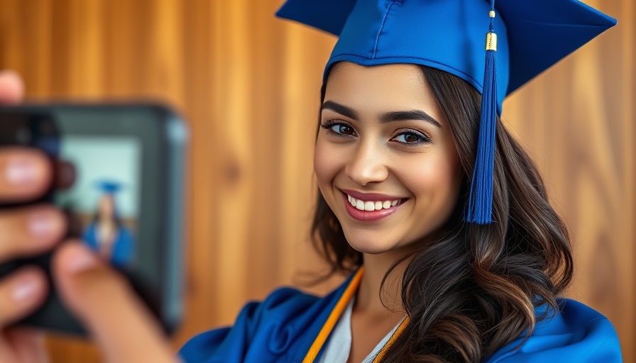 Young woman smiling in a blue graduation cap and gown indoors.