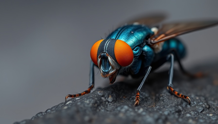 Detailed close-up of New World screwworm fly with vivid coloring.