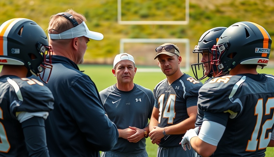Football coach and players in discussion on practice field.