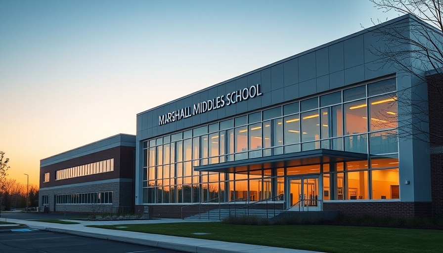 Front of Marshall Simonds Middle School at sunrise, related to federal investigation into Burlington Public Schools.