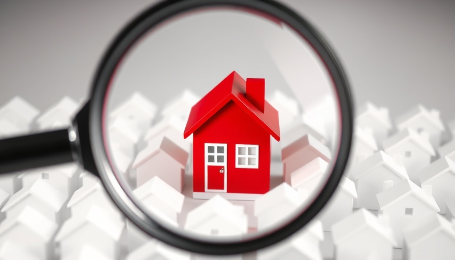 Focused magnifying glass highlighting a red house among white houses in Greater Boston.