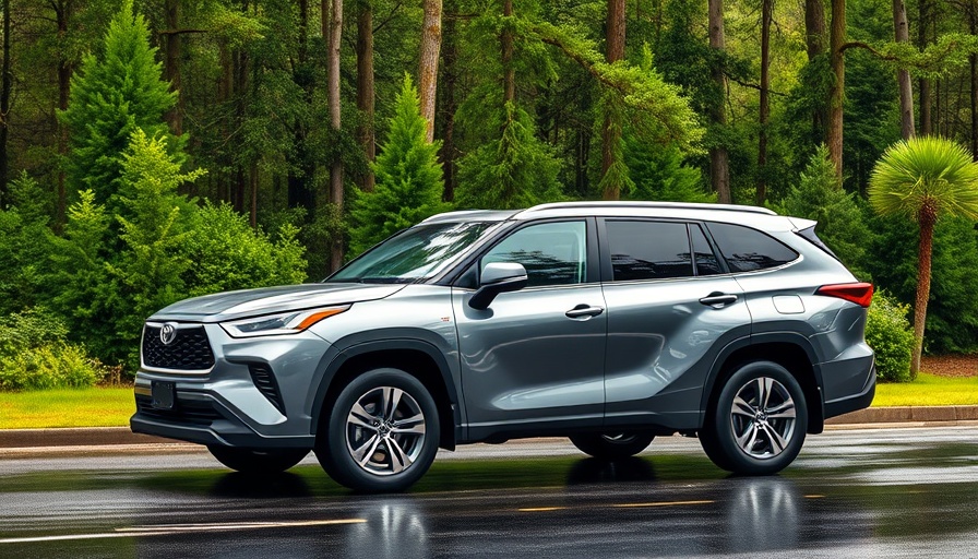 2025 Toyota Grand Highlander SUV on road surrounded by lush forest.