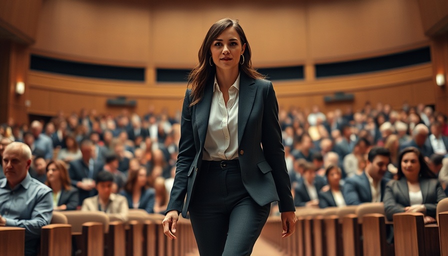 Professional woman walking confidently in a formal setting.