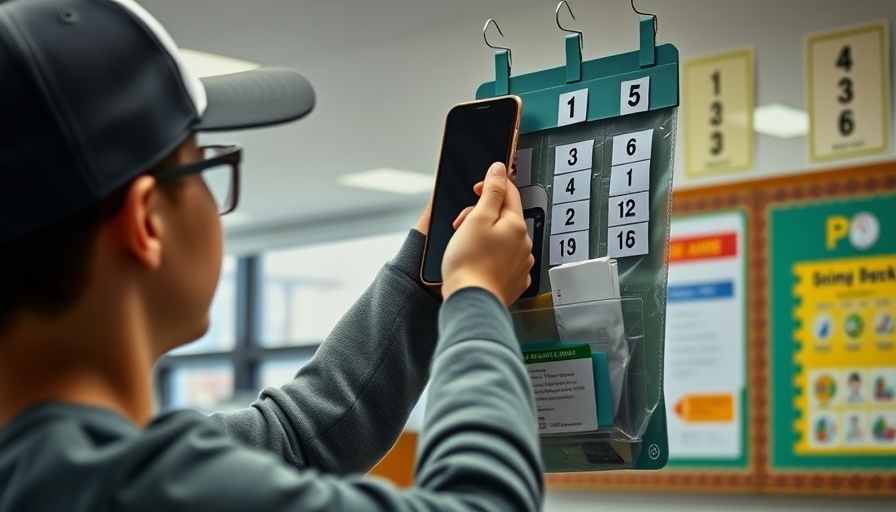 Student using phone-limiting app method in classroom pocket organizer.