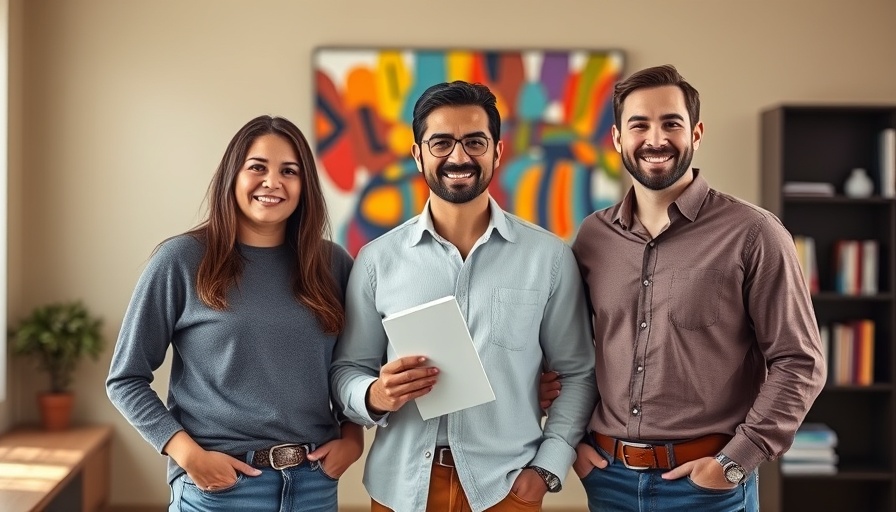 Three people in an office, holding a book, smiling confidently.