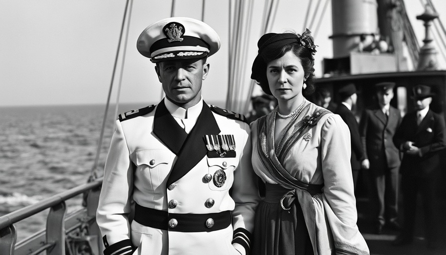 Historic naval officer and woman on ship deck, early 1900s.