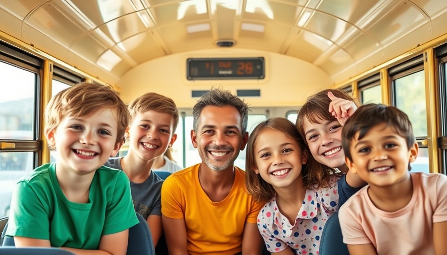 First Day of School: Kids and adult smiling on a school bus.