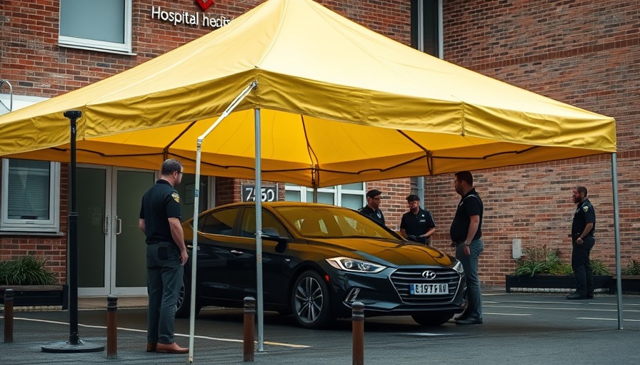 Car under yellow tent near South Shore Hospital, linked to murder charge.