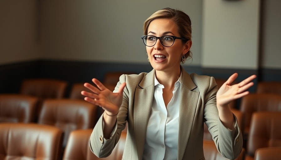 Expressive woman in formal attire gesturing passionately, Tania Fernandes Anderson endorsement