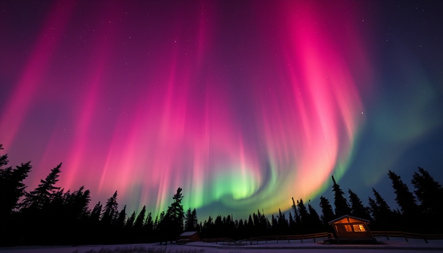 Vibrant aurora borealis above U.S. cabins, Northern Lights Viewing.