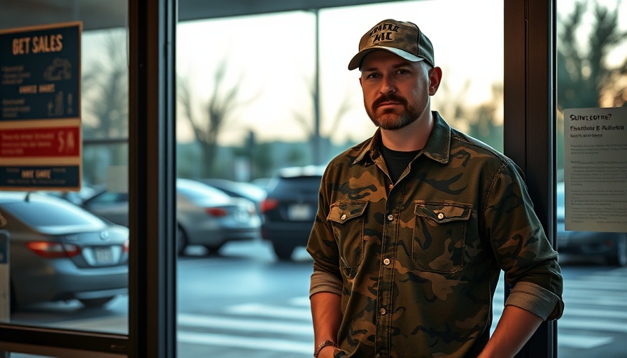 Man in camo shirt and cap standing at store entrance