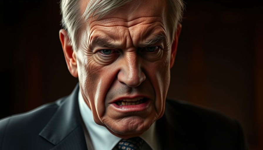 Older man grimacing, tense expression, blurred dark background.
