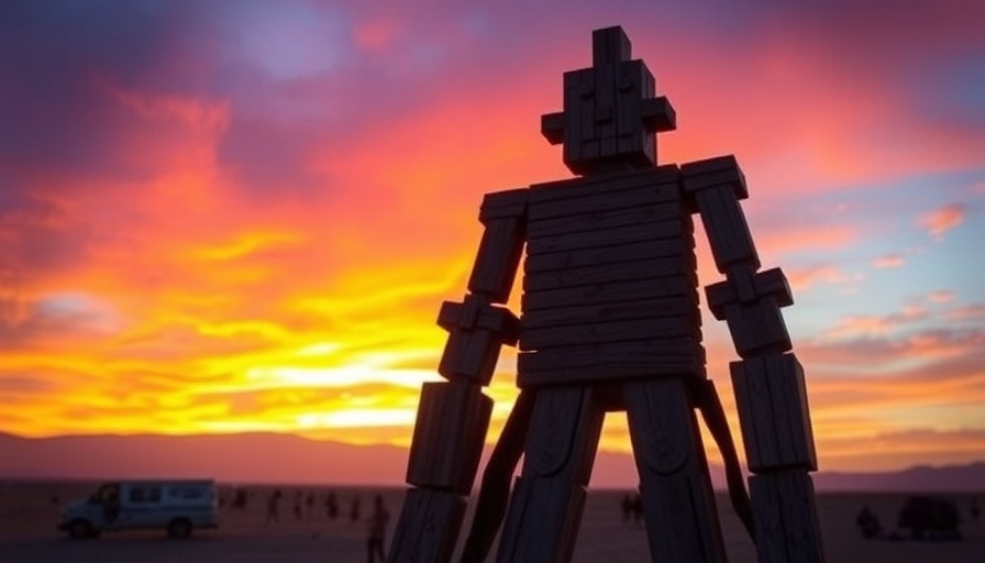 Iconic Burning Man structure against a vibrant sunset sky.