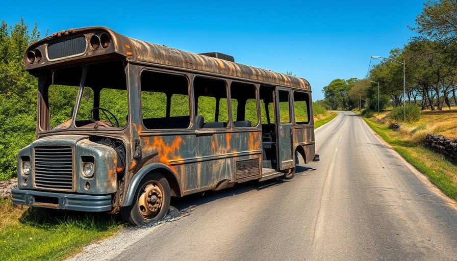 Burned-out Cape Cod party bus on rural road.