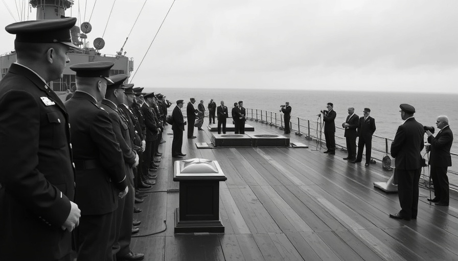 Japan surrenders World War II on battleship deck with officials.